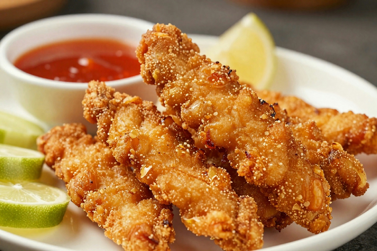 Triglie fresche in panatura piccante servite con salsa di accompagnamento e contorni assortiti